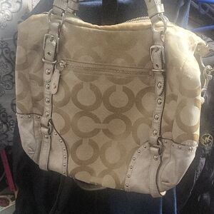 Elegant CoachTan and Silver Women's Shoulder Bag